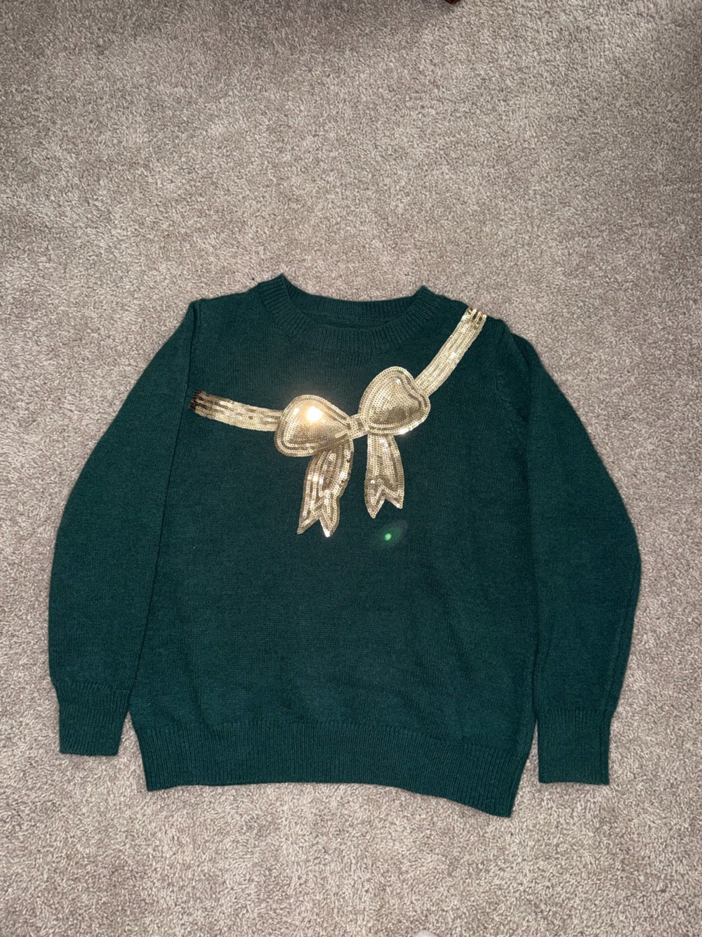 SHEIN Dark Green Crewneck Sweater with Gold Sequin Bow